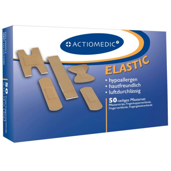 Комплект мазилки ELASTIC с 50 гъвкави, хипоалергенни, дишащи пластири в различни размери за оптимална защита на кожата.