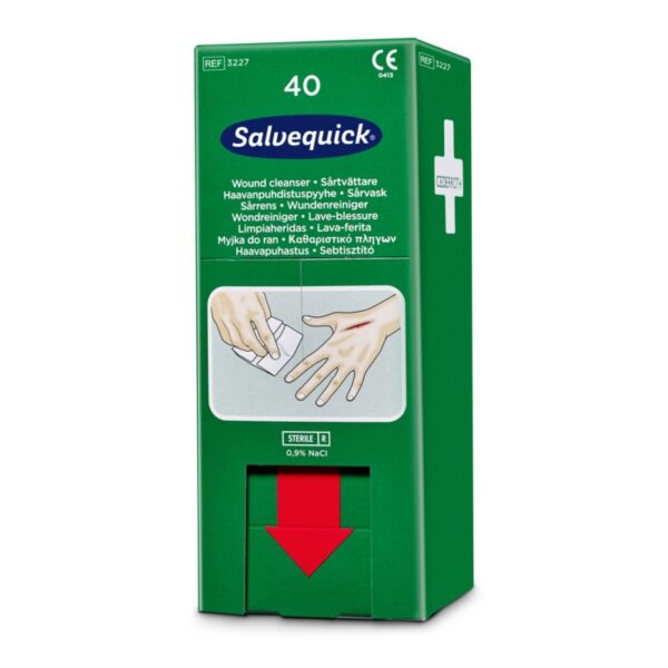 Høykvalitets Salvequick sårrenseservietter, individuelt pakket for effektiv og steril sårpleie.