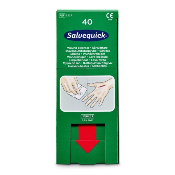 Salvequick sårrenseservietter gir praktisk, steril rengjøring for kutt og riper, ideelt for medisinske dispensere.