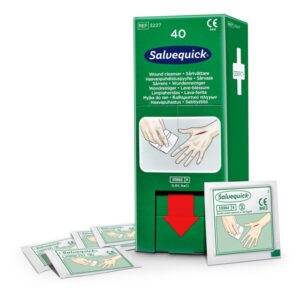 Kit de reumplere șervețele de curățare a rănilor Salvequick, 40 buc, ambalate individual pentru îngrijirea eficientă a rănilor și utilizarea dozatorului.