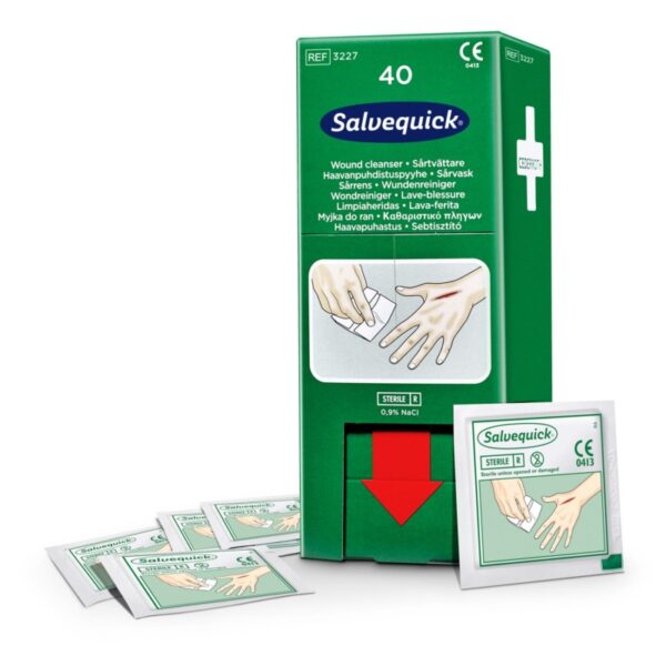Salvequick sårrenseservietter påfyllingssett, 40 stk., individuelt pakket for effektiv sårpleie og dispenserbruk.