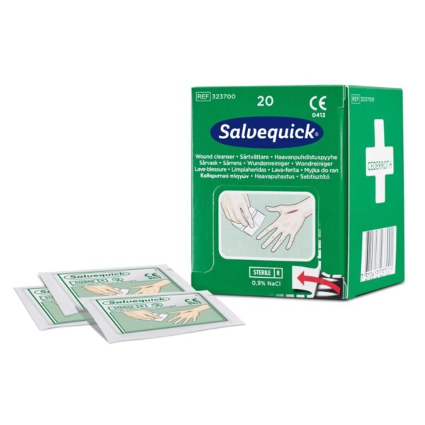 Salvequick σετ αναπλήρωσης μαντηλιών καθαρισμού πληγών, 20 τεμ, ιδανικό για σταθμούς πρώτων βοηθειών, ατομικά συσκευασμένο και αποστειρωμένο.
