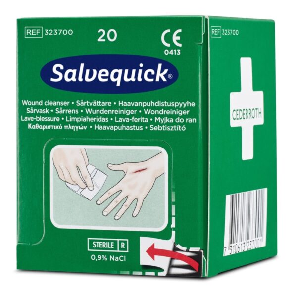 Τα μαντηλάκια καθαρισμού πληγών Salvequick παρέχουν βολική, αποστειρωμένη φροντίδα για κοψίματα και γρατζουνιές, ιδανικά για σταθμούς πρώτων βοηθειών.