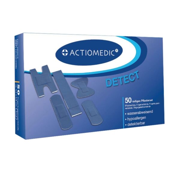 Set de pansements DETECT AQUATIC avec 50 pansements imperméables, hypoallergéniques et détectables de différentes tailles.