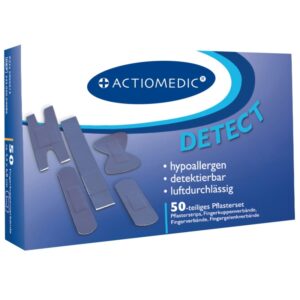 Комплект пластир за рани ACTIOMEDIC DETECT ELASTIC с 50 хипоалергенни, откриваеми еластични пластири в различни размери.