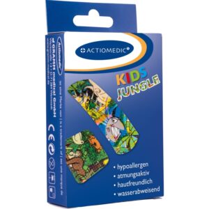 Комплект мазилки за рани KIDS AQUATIC с 30 водоустойчиви, хипоалергенни пластири в жив дизайн на джунглата за деца.