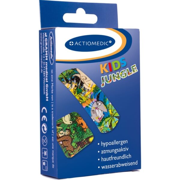 Set de pansements pour plaies KIDS AQUATIC avec 30 pansements imperméables et hypoallergéniques aux motifs vibrants de la jungle pour les enfants.