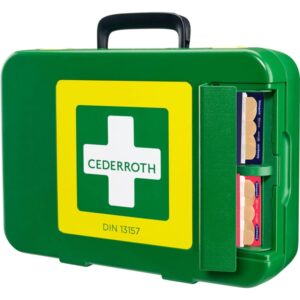 Εξαιρετικά μεγάλο κουτί πρώτων βοηθειών Cederroth DIN 13 157 με απαραίτητα είδη έκτακτης ανάγκης για διάφορους τραυματισμούς και καταστάσεις.
