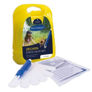 Mediboy First Aid Tick Kit σε ένα συμπαγές κουτί με τσιμπιδάκια, σοβάδες, πανιά καθαρισμού και οδηγίες για τσιμπήματα τσιμπούρι.