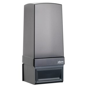 Dispensador ABS cinzento com fechadura Plum para produtos bag-in-box, resistente a impactos e higiénico, ideal para utilização industrial.