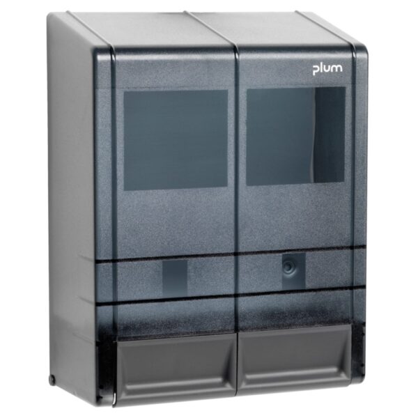 Sturdy smoke grey polycarbonate dispenser for bag-in-box products, ideal for flexible and hygienic workplace use.