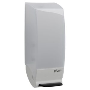 Dispensador de plástico branco transparente para saquetas de 1,0L, ideal para higiene em várias indústrias e fácil de limpar.