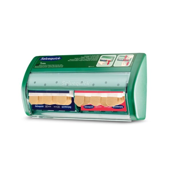Διανομέας σοβά πληγής Salvequick με 45 πλαστικούς και 40 υφασμάτινους σοβάδες, εύκολη χρήση με το ένα χέρι, αδιάβροχος και επαναγεμιζόμενος.