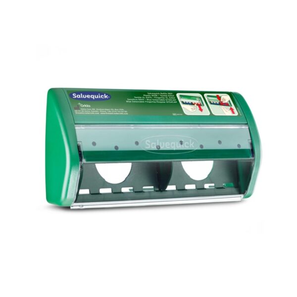 Salvequick wound plaster dispenser, empty, easy to use, one-handed application, protects plasters from dust and moisture.