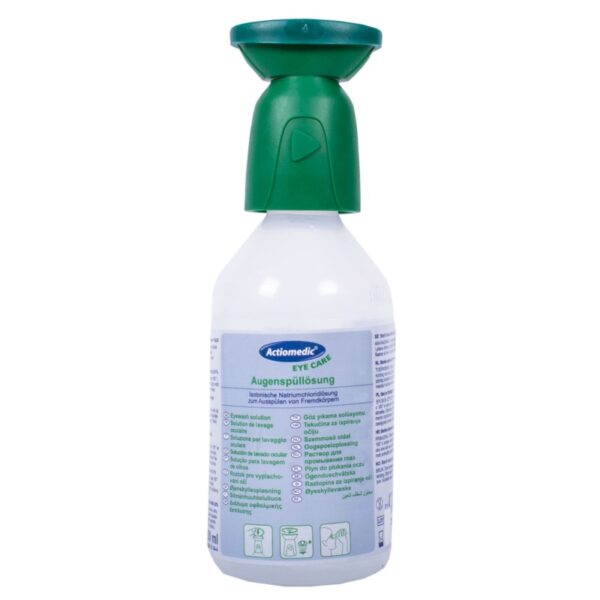 ACTIOMEDIC EYE CARE Измиване на очите за първа помощ 250 ml с 0,9% натриев хлорид за ефективно изплакване на очите и отстраняване на чужди тела.