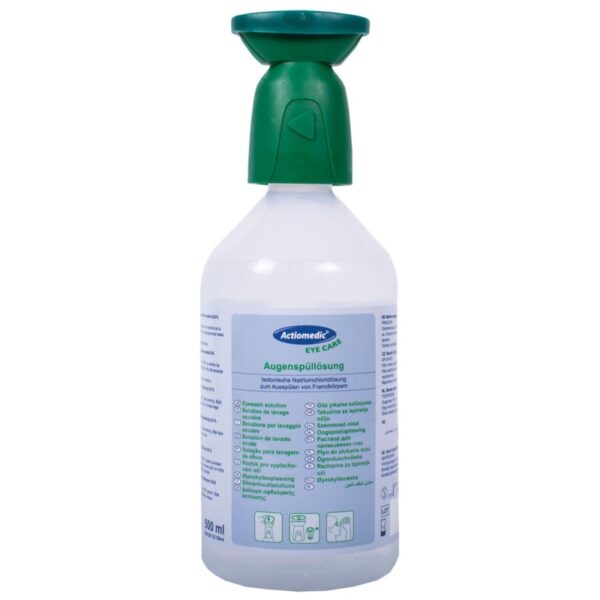 Gel de ochi steril ACTIOMEDIC® EYE CARE 500 ml cu clorură de sodiu 0,9% pentru o clătire eficientă a ochilor.