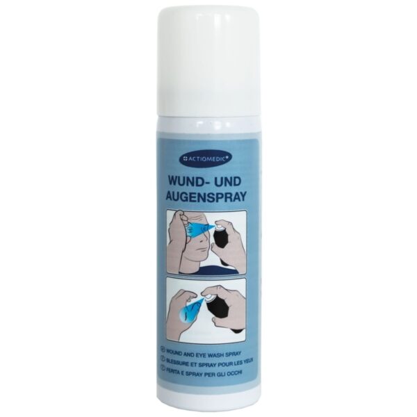 ACTIOMEDIC® Sår- og øyeskyllespray 50 ml for rengjøring av mindre sår og øyeskylling, steril og enkel å bruke.