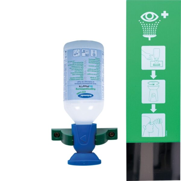 EYE CARE Single II fali mosó állomás 250 ml BioPhos74 oldattal, ergonomikus kialakítással és könnyen követhető utasításokkal.