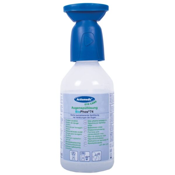 BioPhos74 Szemlemosó puffer 250 ml, steril foszfátoldat szemsérülésekre, gyengéd, tartósítószer-mentes, ergonomikus kialakítás.