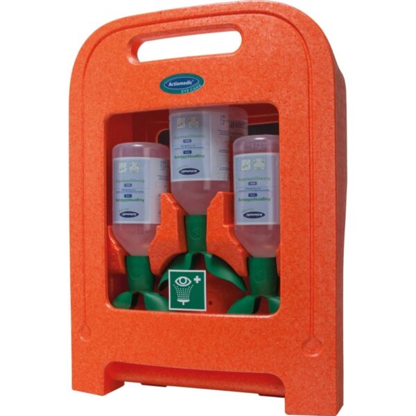Stație de spălare a ochilor Medi2Protect TWIN II cu 3 soluții de clorură de sodiu de 500 ml pentru îngrijirea eficientă a ochilor în situații de urgență.