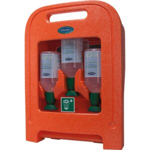 Stație de spălare a ochilor Medi2Protect II cu 3 x 500 ml soluție de clorură de sodiu pentru îngrijirea eficientă a ochilor în situații de urgență.