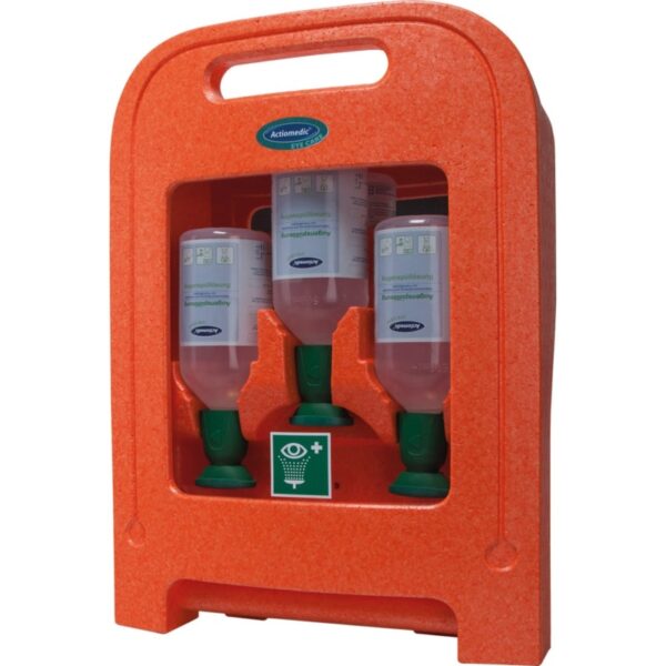Stație de spălare a ochilor Medi2Protect II cu 3 x 500 ml soluție de clorură de sodiu pentru îngrijirea eficientă a ochilor în situații de urgență.