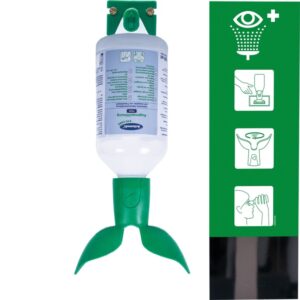 Επιτοίχιος σταθμός πλύσης ματιών με 500 ml διαλύματος χλωριούχου νατρίου για αποτελεσματική φροντίδα των ματιών και πρώτες βοήθειες.