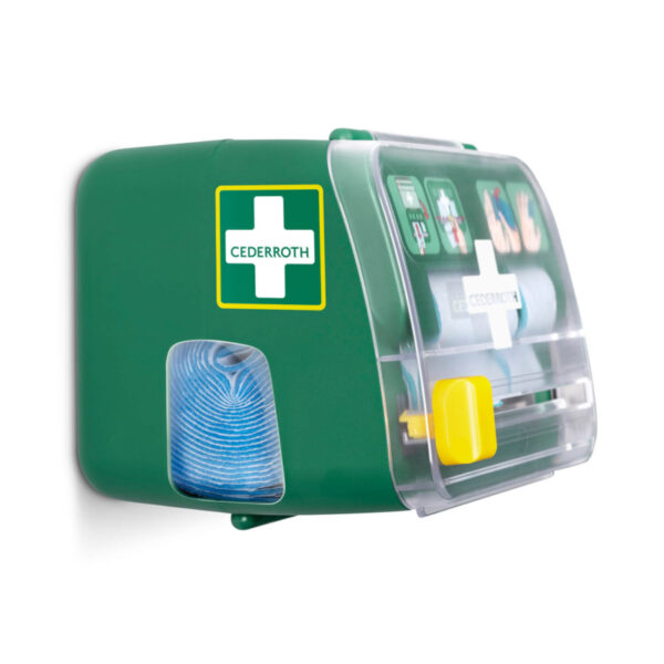 Distributeur mural doté de bandages en mousse souple bleue pour un soin efficace des plaies et une application facile.