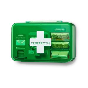 Διανομέας επιδέσμου Cederroth με απαραίτητα είδη πρώτων βοηθειών για γρήγορη θεραπεία μικρών τραυμάτων, με σήμανση CE και πρακτικό.