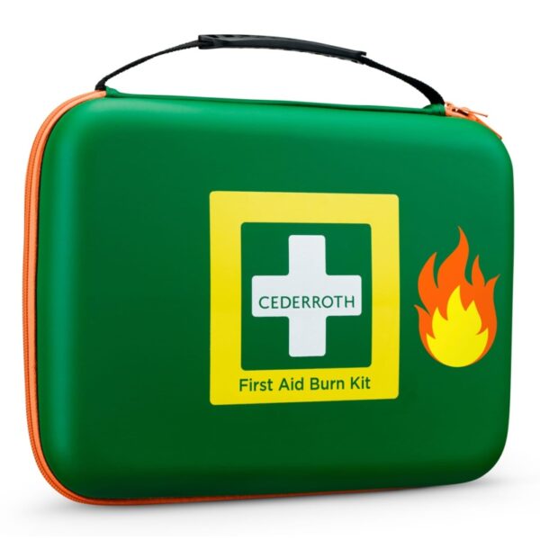 Duurzame EHBO-doos van rubberachtig materiaal voor een effectieve brandbehandeling en bescherming tegen stof en vocht.
