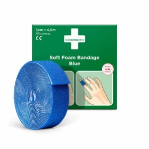 Vendaje azul rasgable de 3cm x 4,5m, ideal para heridas menores, autoadhesivo, sin látex y resistente al agua.
