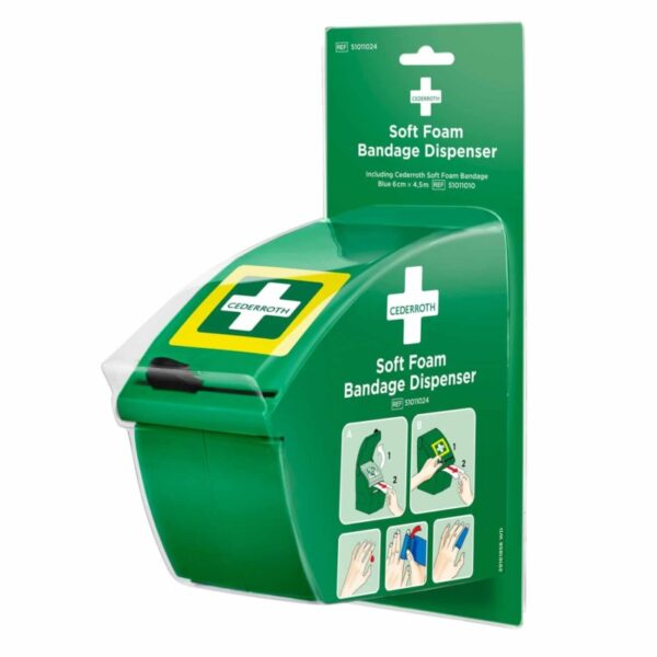 Distributeur de pansements déchirables bleu 6 cm x 4,5 m avec cutter, idéal pour le soin des plaies et les premiers secours.