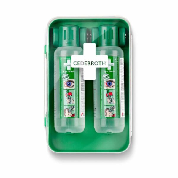 Cabina lavaocchi compatta con due flaconi da 500 ml, ideale per un rapido accesso in spazi ristretti e ambienti ad alto rischio.
