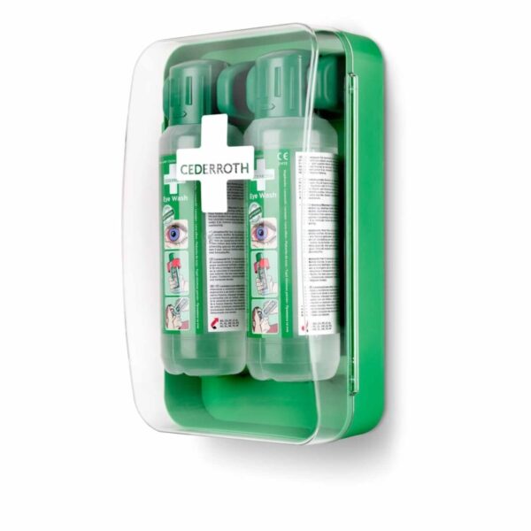 Armadietto per lavaggio oculare Cederroth con 2 flaconi da 500 ml, compatto, resistente all'acqua, ideale per la sicurezza degli occhi in spazi ridotti.