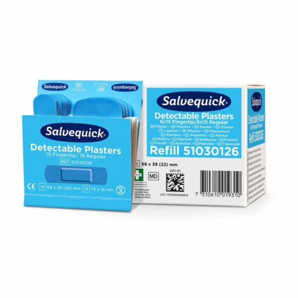 Salvequick μπλε ανιχνεύσιμο δάχτυλο και κανονικό κιτ αναπλήρωσης γύψου πληγής για τη βιομηχανία τροφίμων, 30 σοβάδες υψηλής ποιότητας.