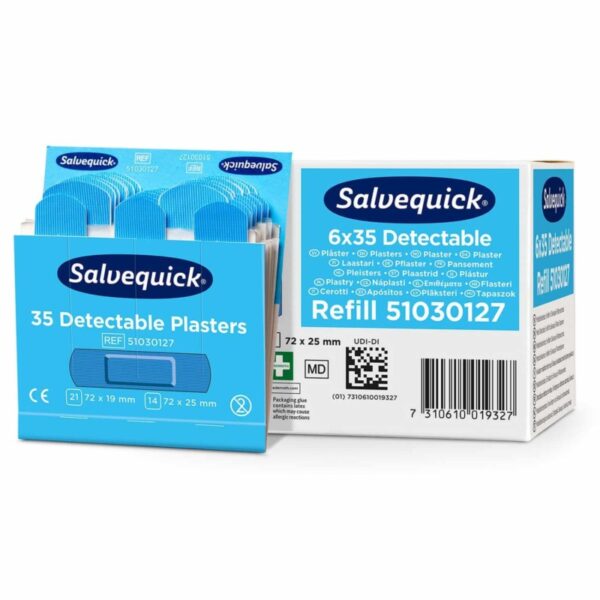 Salvequick μπλε ανιχνεύσιμο κιτ αναπλήρωσης γύψου πληγών για τη βιομηχανία τροφίμων, 35 σοβάδες υψηλής ποιότητας, εύκολο να εφαρμοστεί και να επισημανθεί.