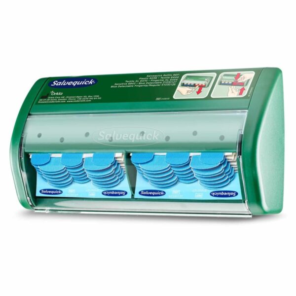 Distributeur Salvequick de 70 pansements bleus détectables, idéal pour les restaurants et l’industrie alimentaire.
