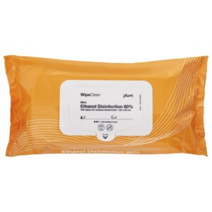 Plum WipeClean 80% Etanol Desinfetante Toalhetes para uma desinfeção de superfície eficaz nas indústrias de saúde e alimentos.