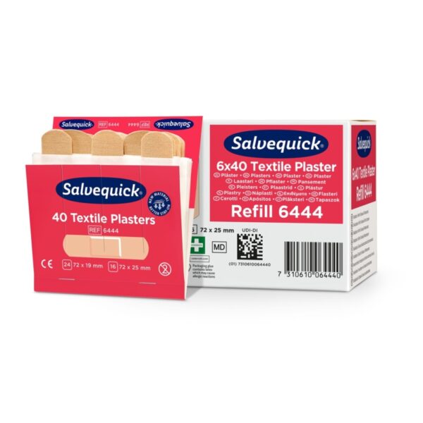 Salvequick Textile σετ αναπλήρωσης σοβάδων με 40 σοβάδες υψηλής ποιότητας για ευέλικτη και άνετη φροντίδα πληγών.