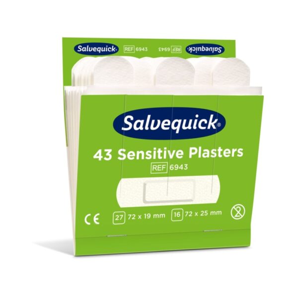 Premium κιτ αναπλήρωσης γύψου πληγών Salvequick Sensitive για εύκολη εφαρμογή με το ένα χέρι σε ευαίσθητες επιδερμίδες. Περιλαμβάνονται 43 τεμάχια.