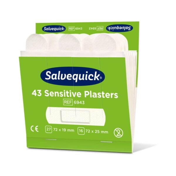 Σετ αναπλήρωσης σοβάδων πληγών Salvequick Sensitive με 43 σοβάδες υψηλής ποιότητας για ευαίσθητες επιδερμίδες, εύκολο και άνετο στη χρήση.