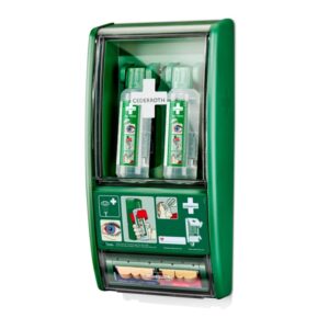 Cederroth Eye Wash Station με 2 μπουκάλια πλύσης ματιών, επιθέματα και προστατευτικό καπάκι για αποτελεσματικές λύσεις πρώτων βοηθειών.