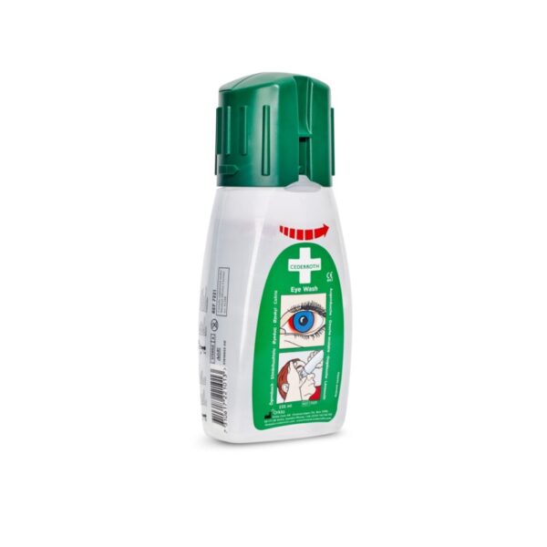 Portable eye wash buffer for effective first aid, neutralizing alkalis and acids to protect eye health.