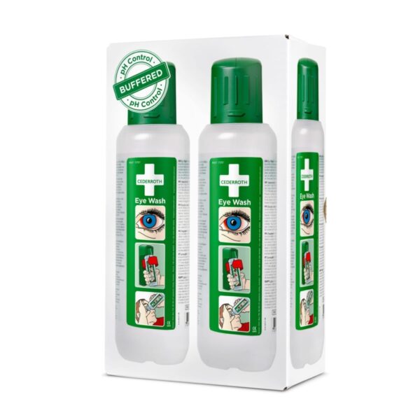Cederroth Eye Wash 2x 500 ml, soluzione tampone sterile di borato per un efficace risciacquo oculare di primo soccorso.