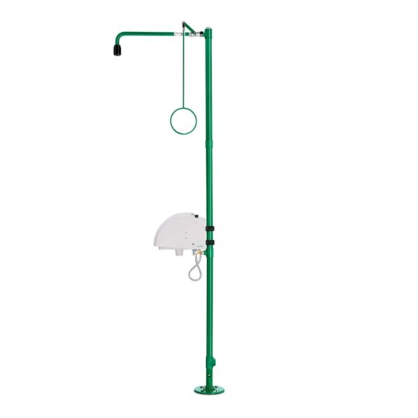 Op de vloer gemonteerde veiligheidsdouche met oog- en gezichtsdouche, ideaal voor industriële omgevingen en eerste hulp.
