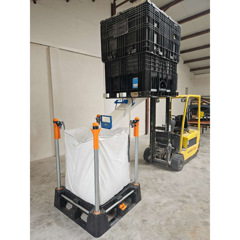 Calha de descarga eficiente para sistemas FlowBox, garantindo uma fixação rápida e um fluxo de trabalho melhorado na agricultura e na construção.