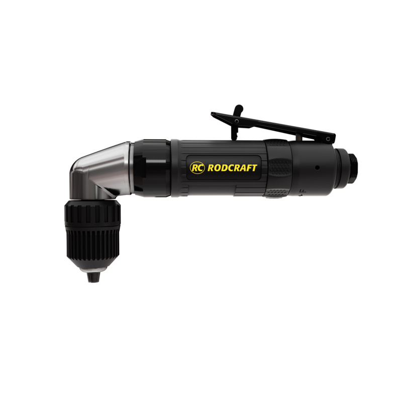 Taladro neumático con cabezal en ángulo de 90° para taladrar eficientemente en espacios reducidos, con 300 vatios y 1400 RPM.