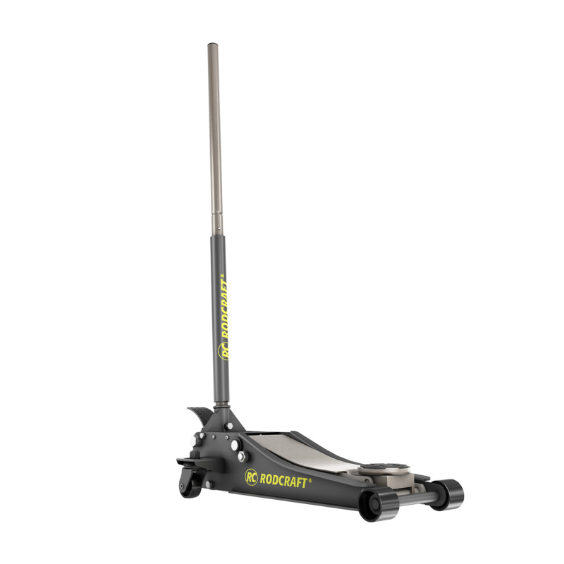 Macaco hidráulico para uso automotivo, elevando 2,5 toneladas de 75 mm a 500 mm com design ergonômico para eficiência.