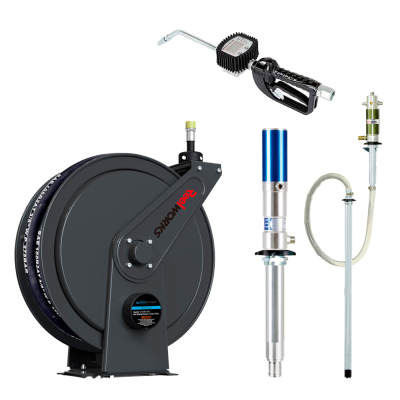Conjunto completo de óleo Flowconcept com carretel de mangueira, bomba 5:1, pistola digital de óleo, para dispensa profissional de óleo