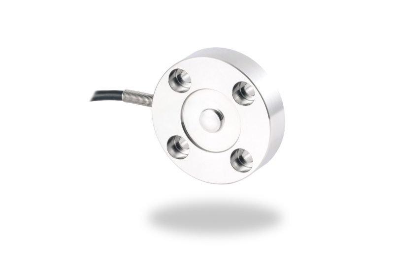 Robust EMSYST EMS60 load cell for universal use, featuring four fixing holes and compression force direction.